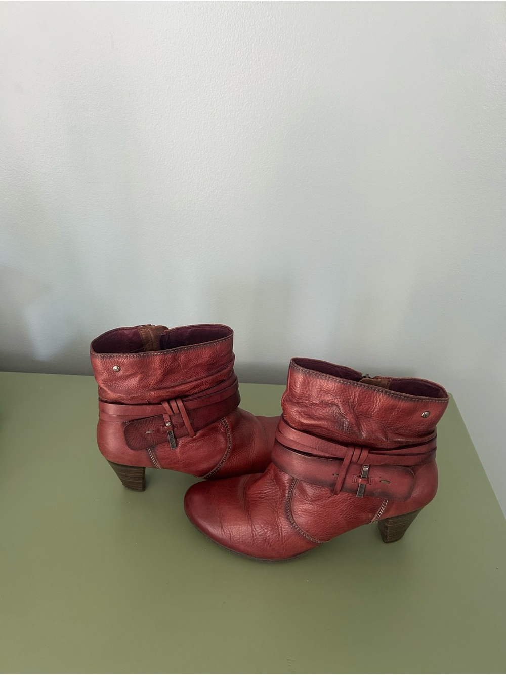 PIKOLINOS Burgundy Leather Ankle Booties with Wrapped Strap